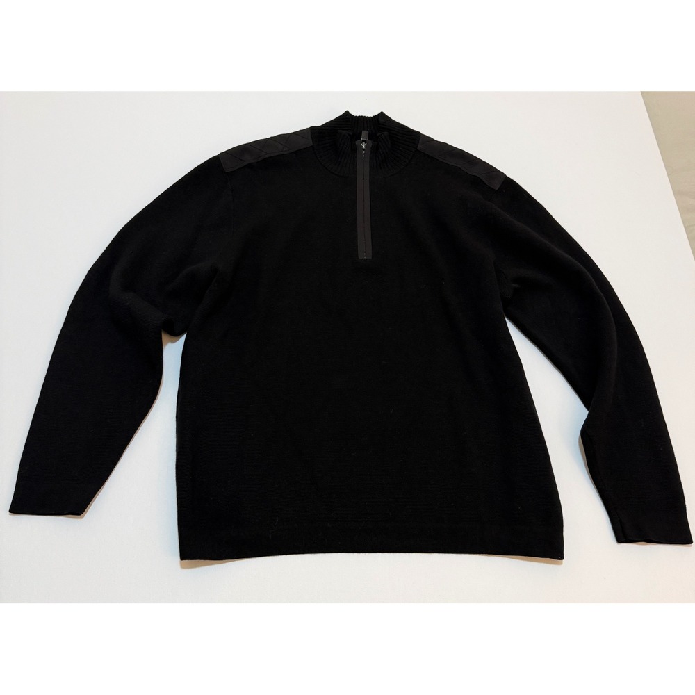 Hart Schaffner Marx Black Merino Wool Quarter Zip Sweater Quilted Shoulders XL